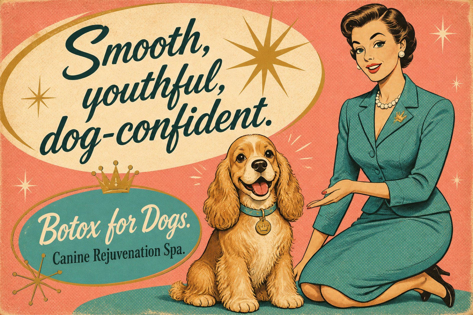 1950s magazine ad: Smooth, youthful, dog-confident.