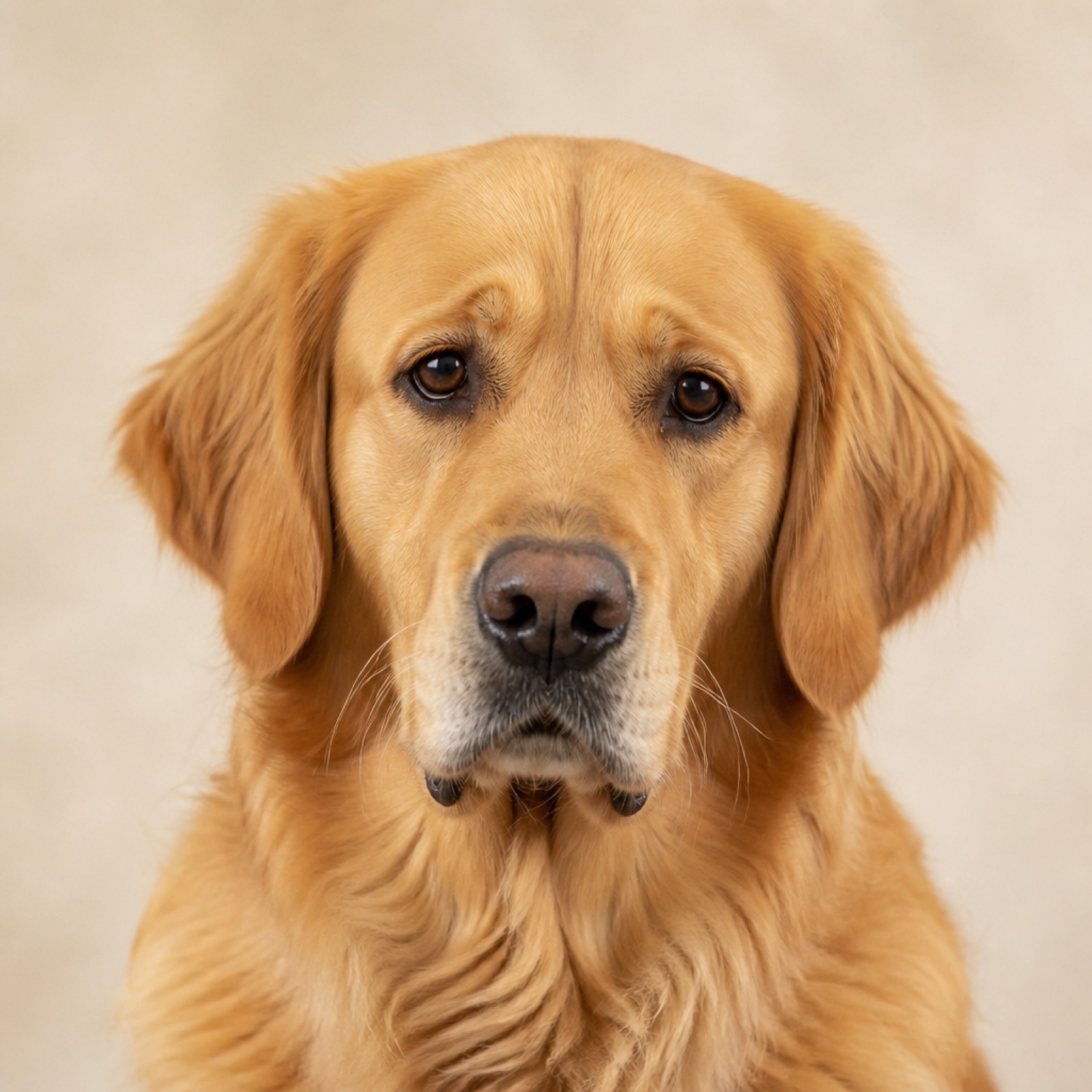 Golden retriever with a mildly concerned resting brow