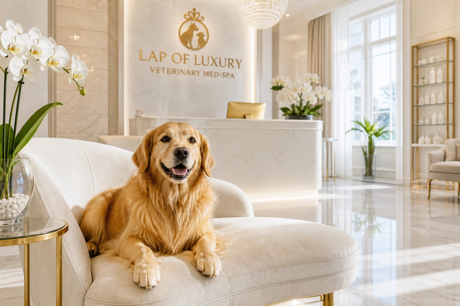 A bright spa reception with a happy golden retriever on a cream chaise